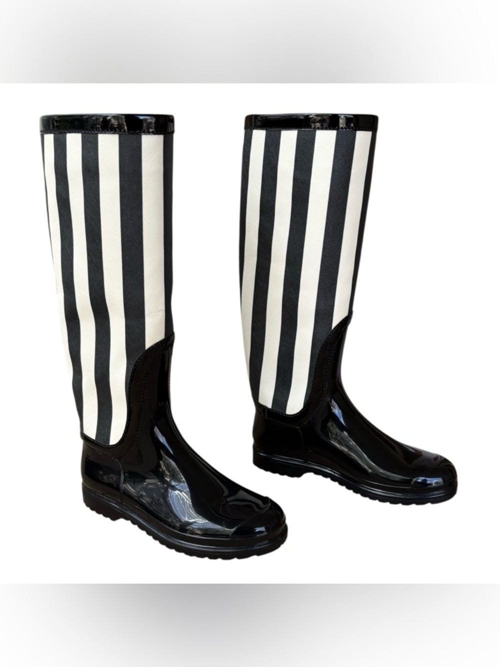 DOLCE GABBANA Black & White Striped Rubber Boots